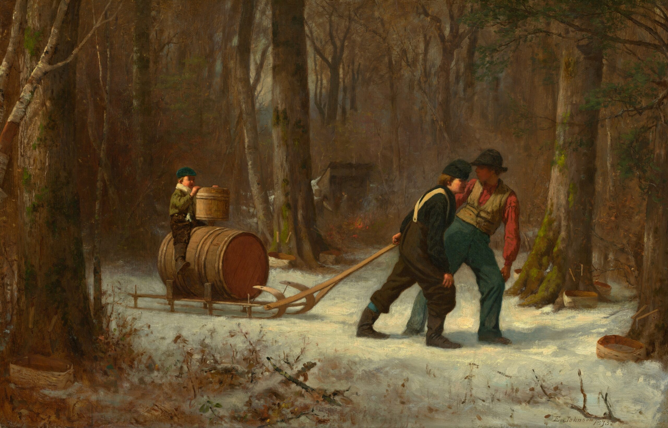 Boys in the forest in the winter collecting maple sap