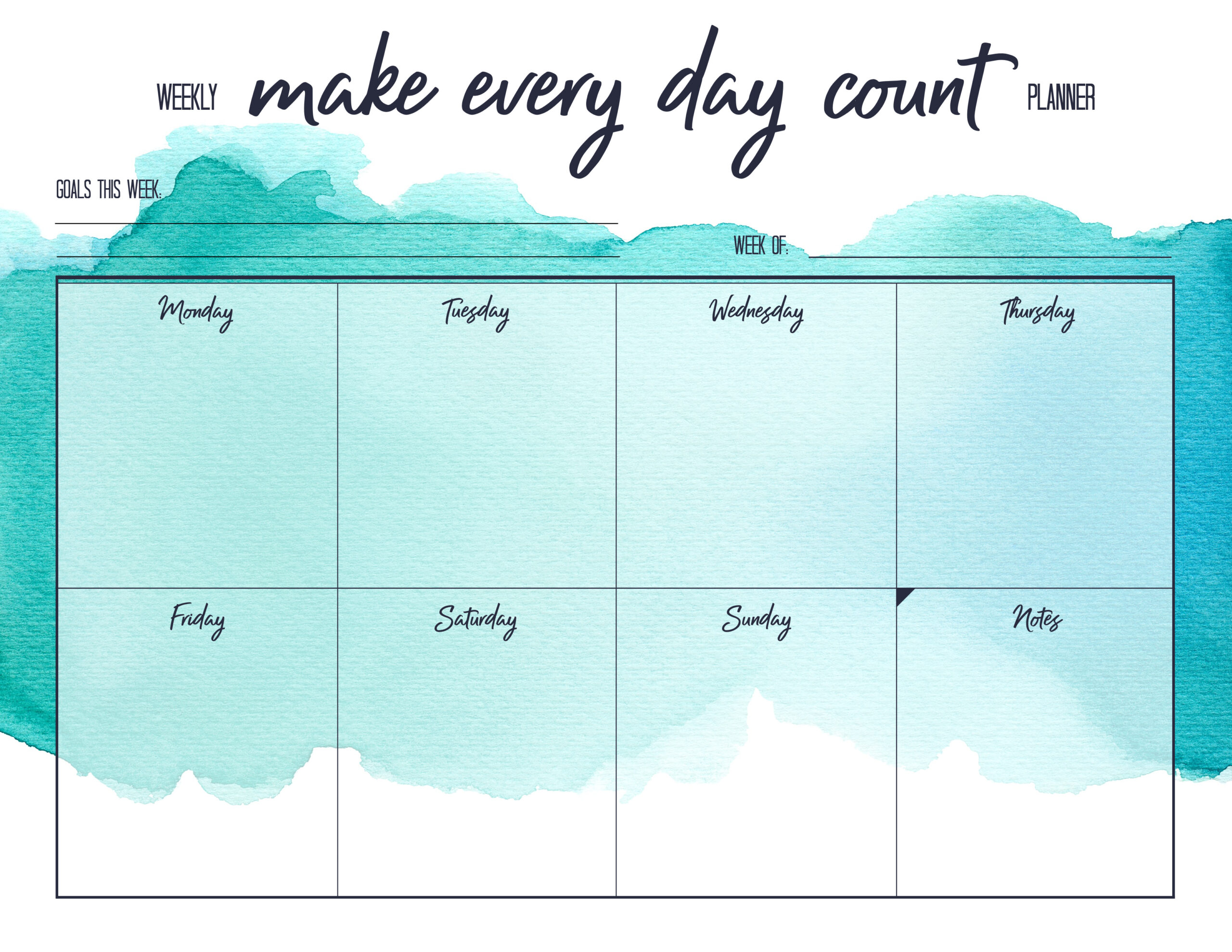 Free printable weekly planner with a teal watercolour background