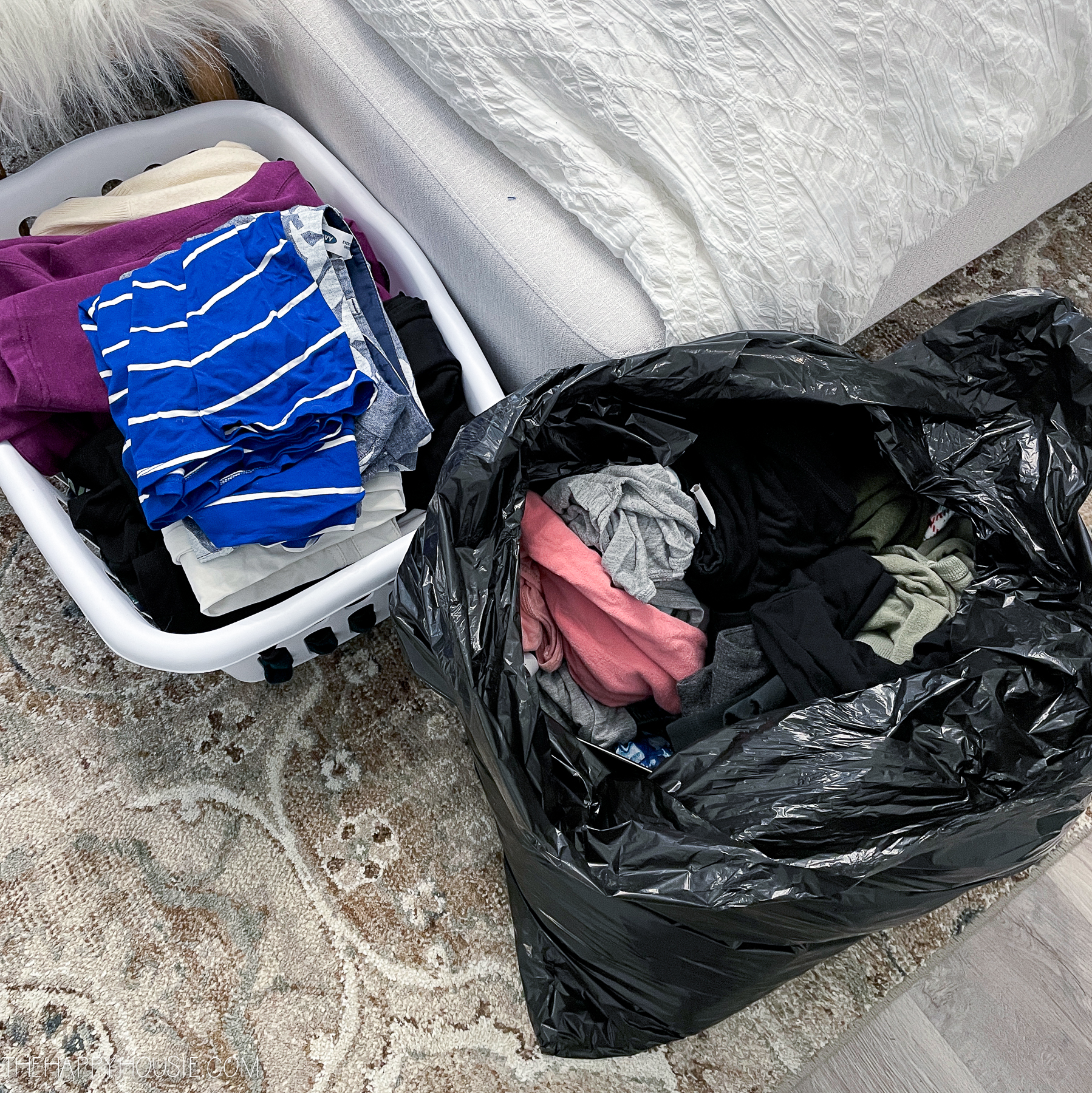 clothing in a bin to sell and a bag to donate