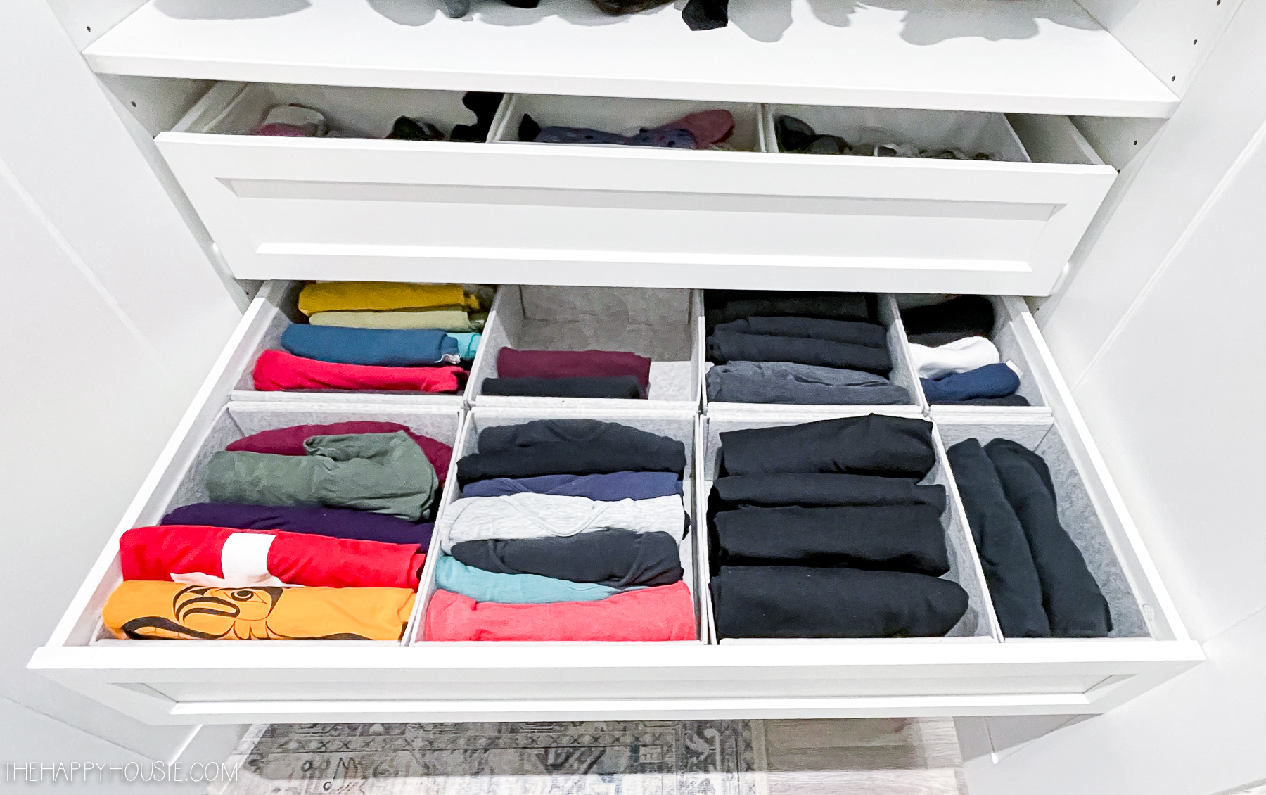 shirts organized in felt drawer organizers as a bedroom organization ideas