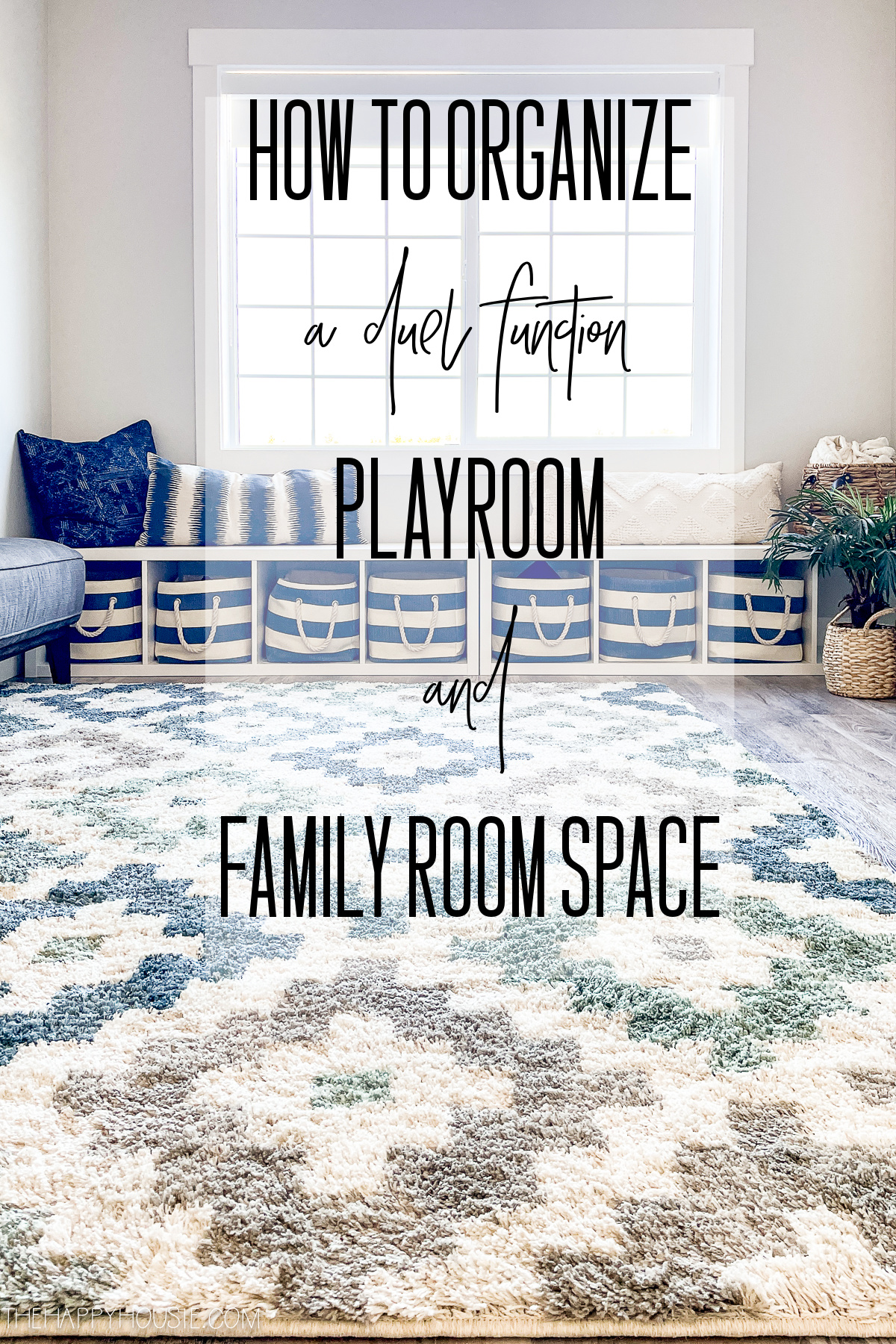 a playroom family room space with playroom organization using Ikea Kallax