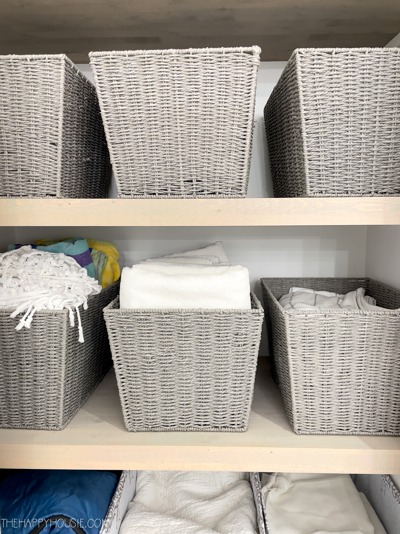Woven baskets on the shelf.