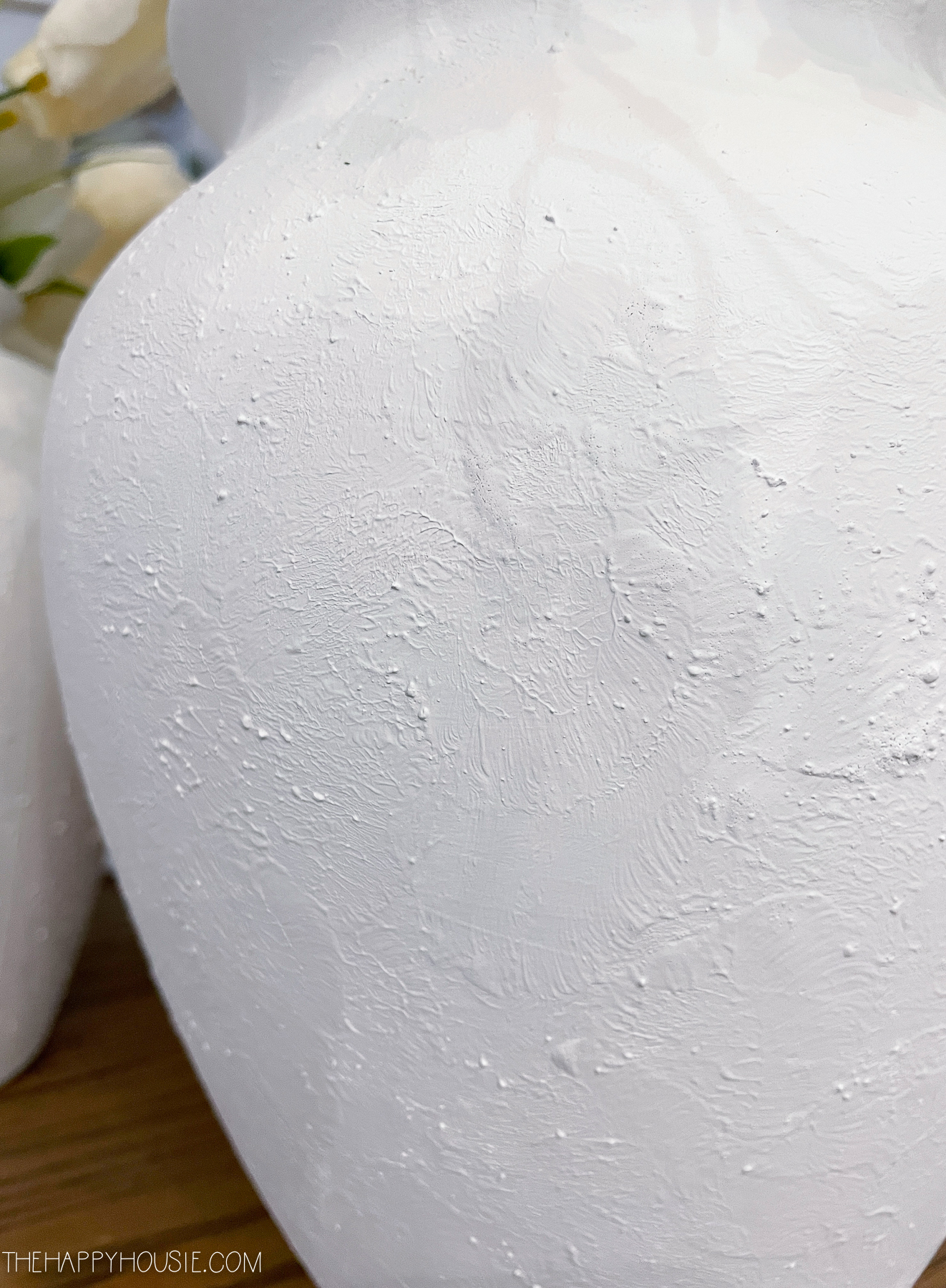 close up view of DIY texture painted vases using mineral paint