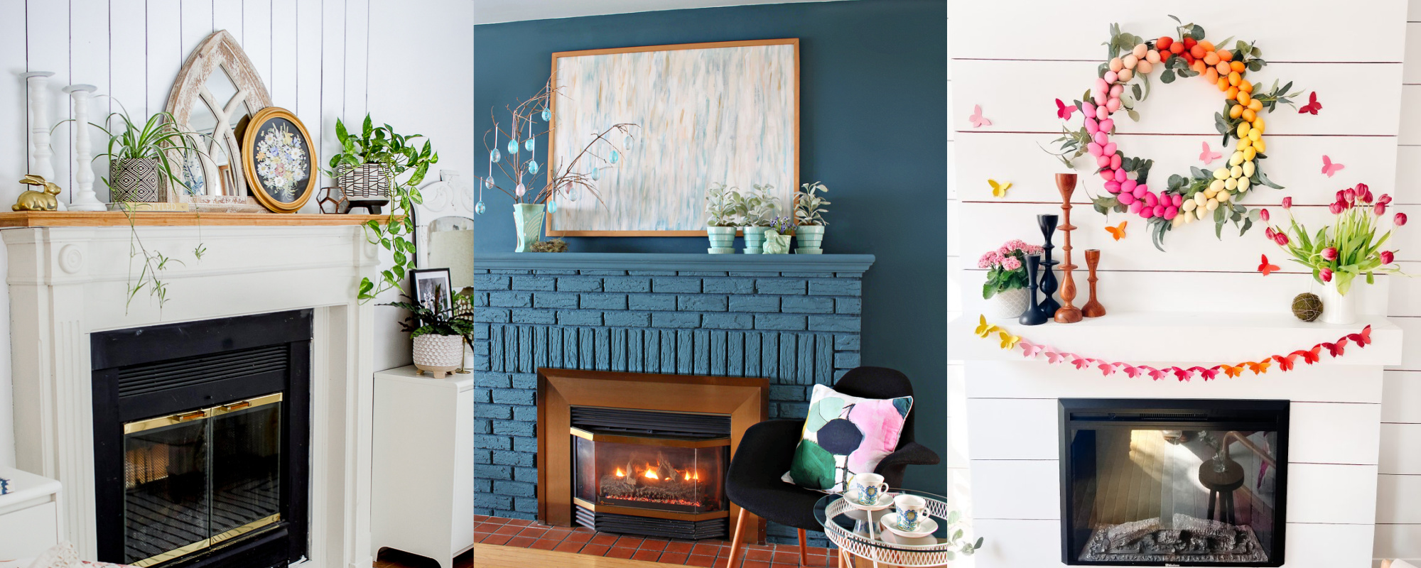 collage image of spring mantel decor ideas