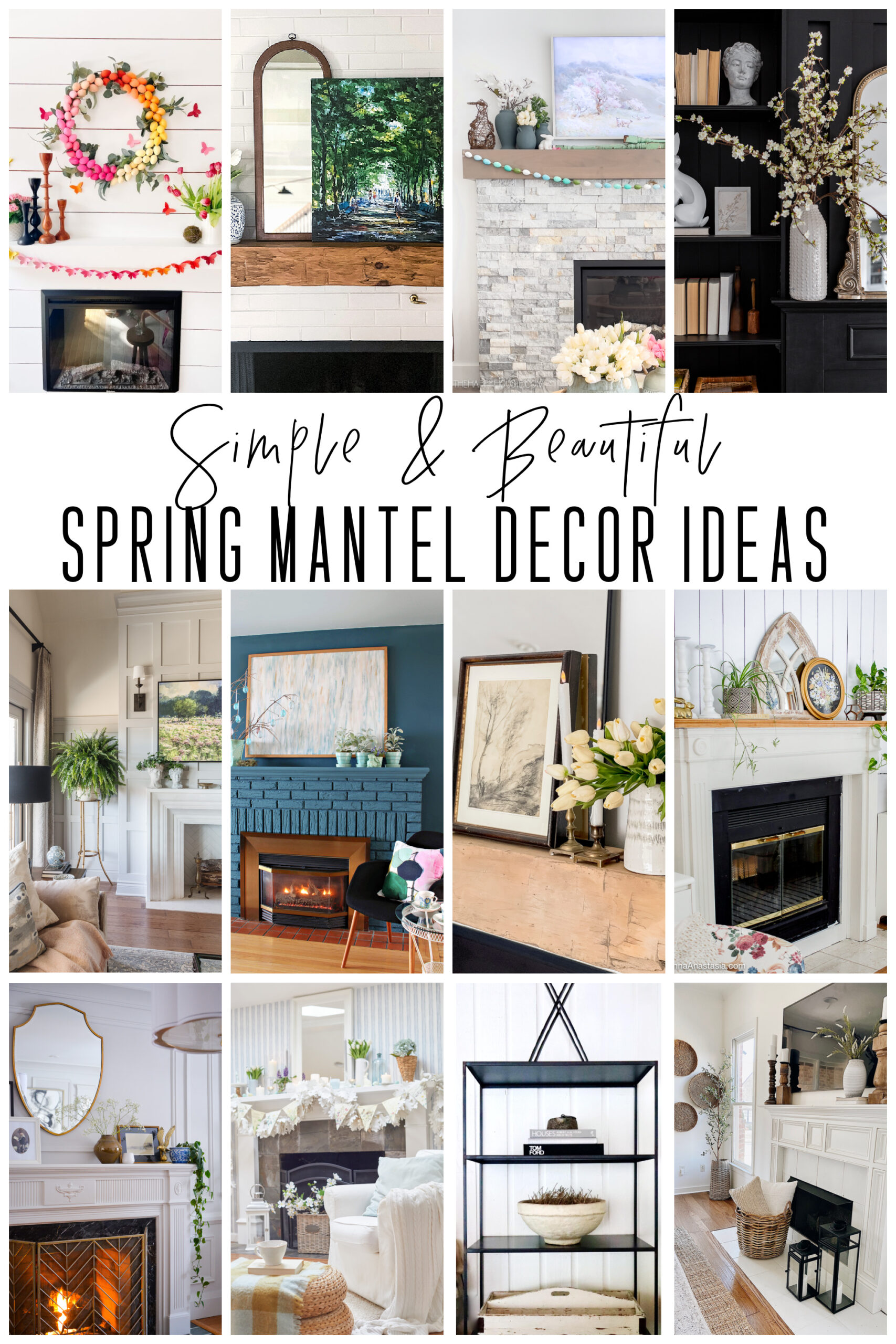 collage image of several beautiful mantels decorated for spring