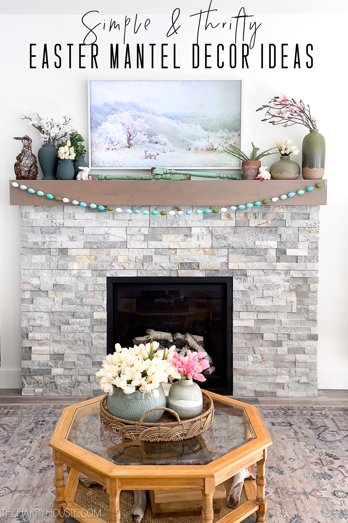 labeled image of easter mantel decor on a stone fireplace
