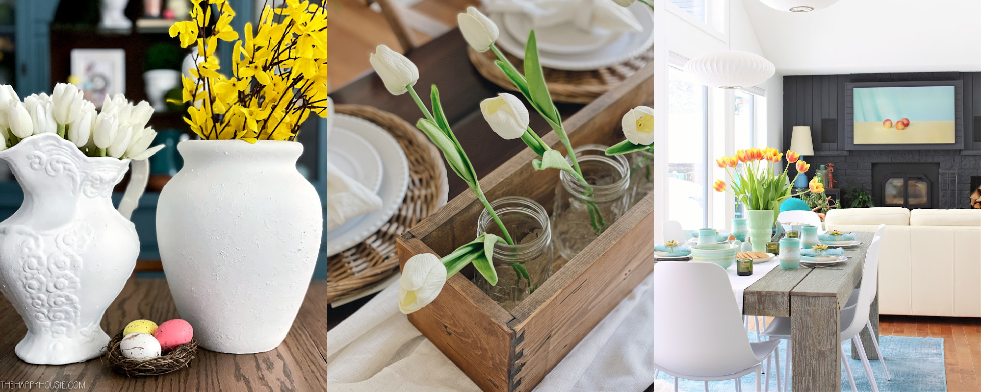 collage image of spring decorating ideas in the dining room