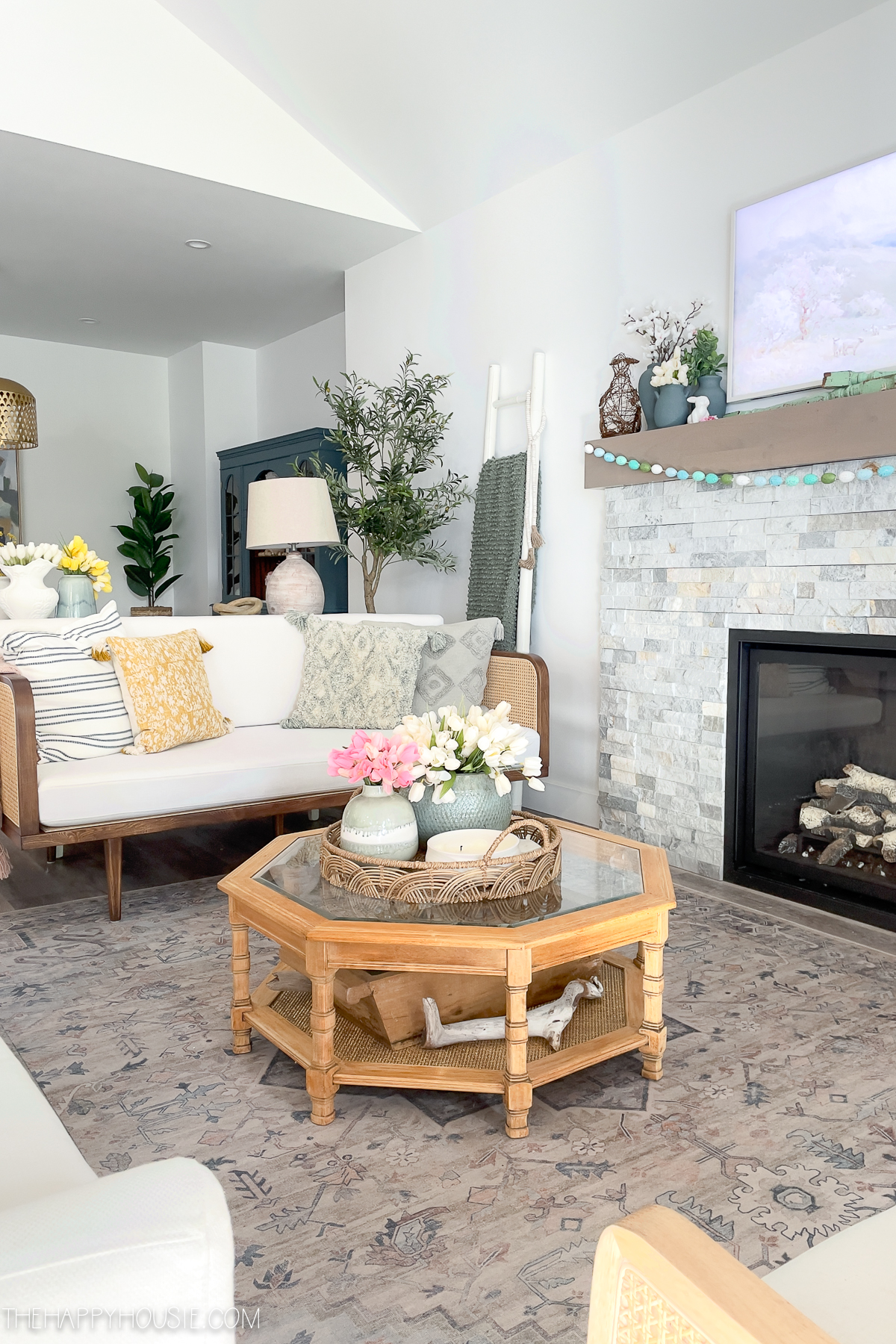 spring home decor in an open floor plan living room