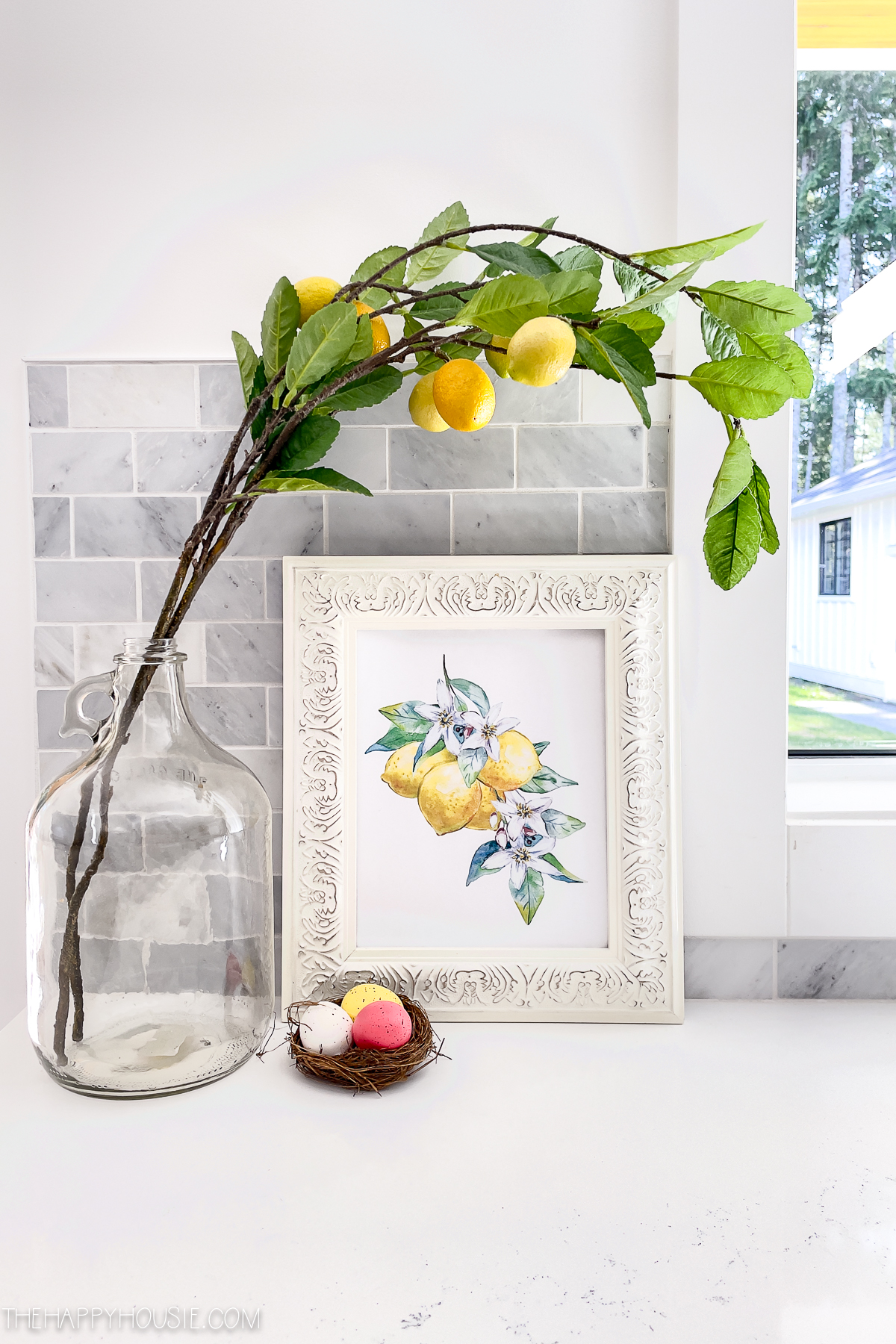 lemon branches in a jug and free printable lemon kitchen decorations