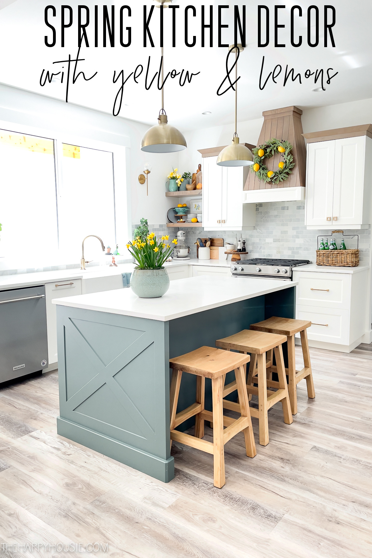 a kitchen featuring spring kitchen decor with yellow and lemons