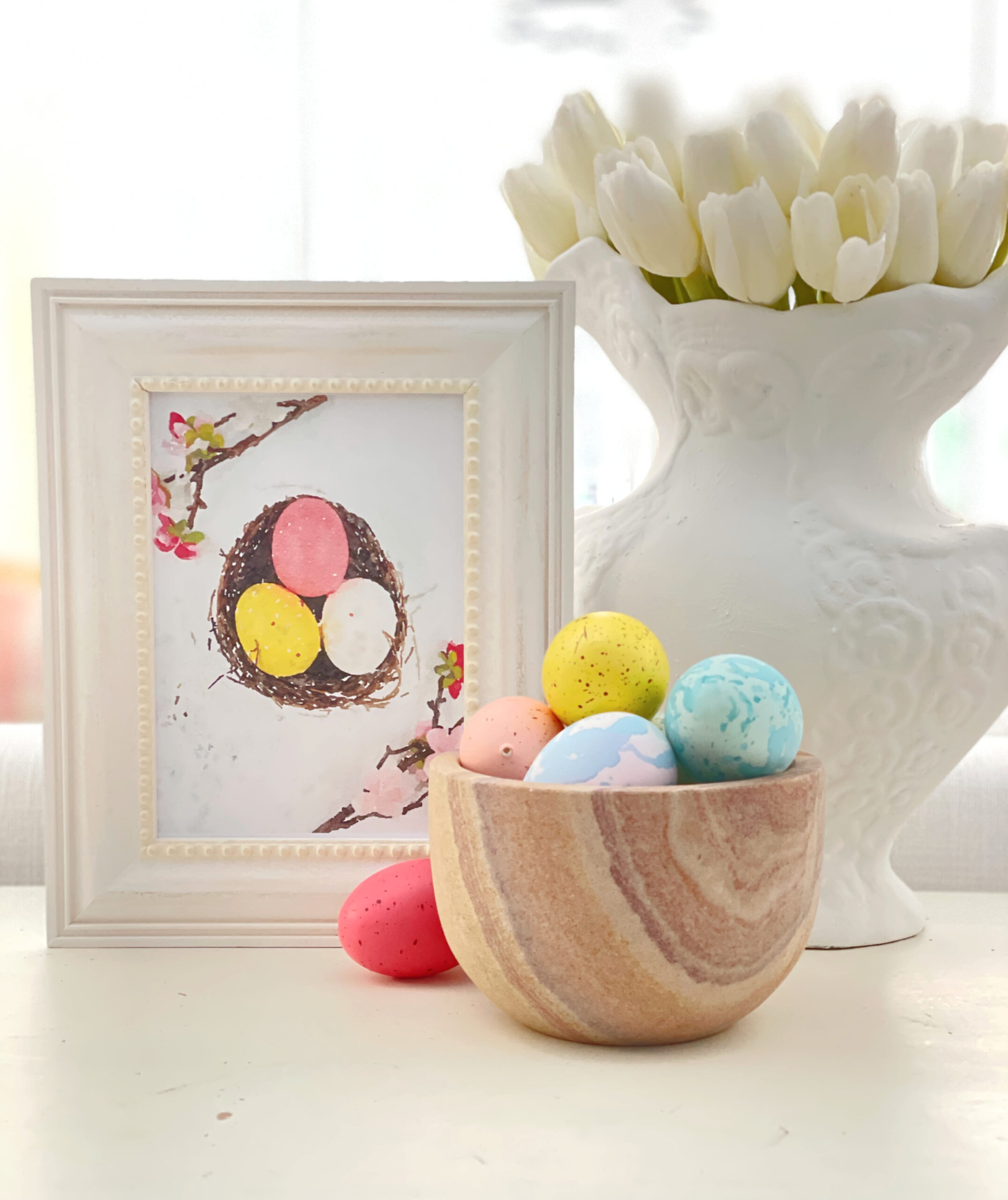 Easter Egg printable art featured in a spring vignette