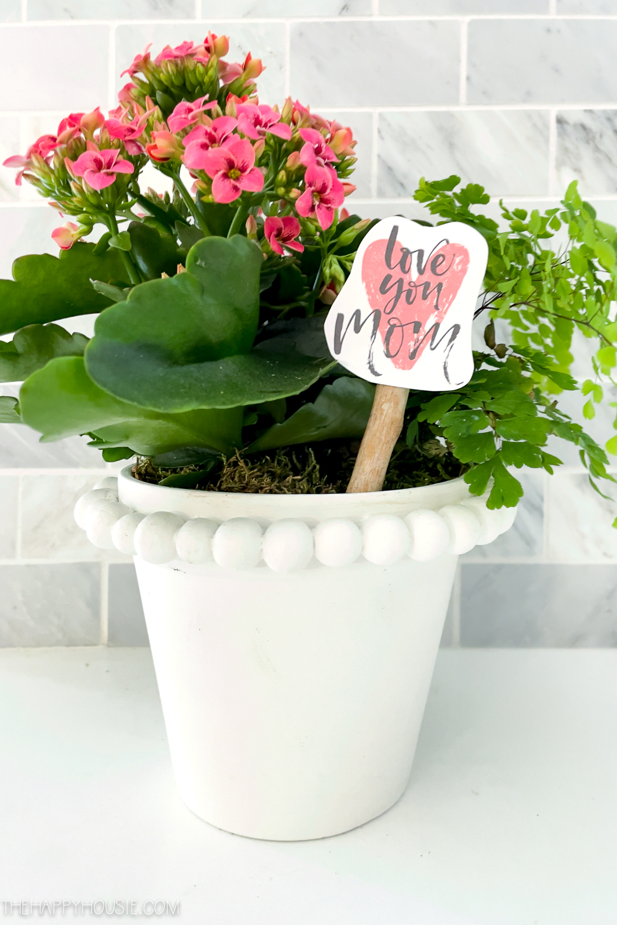 The finished potted flowers with the Love you mom sign.
