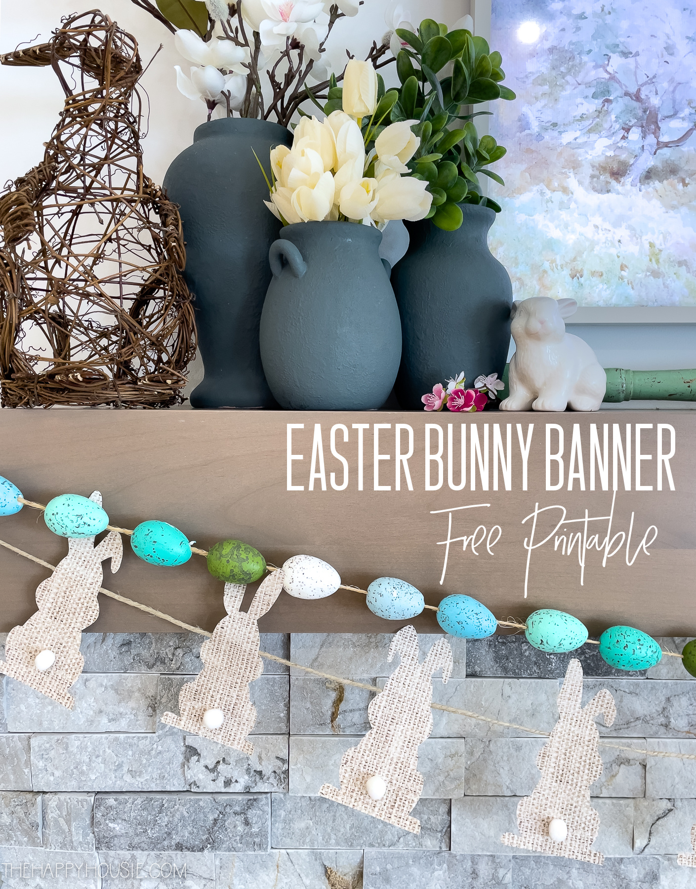 mantel decorated with an  Easter bunny banner and Easter egg garland 