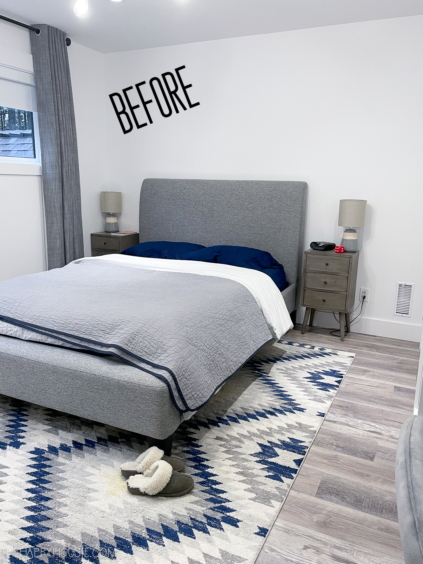 teen boy bedroom with grey upholstered bed before room makeover
