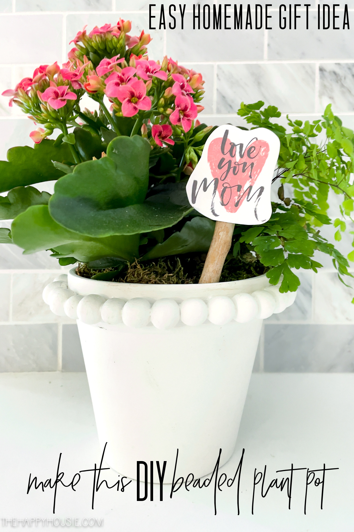 A potted plant with a gift tag saying Love you Mom.