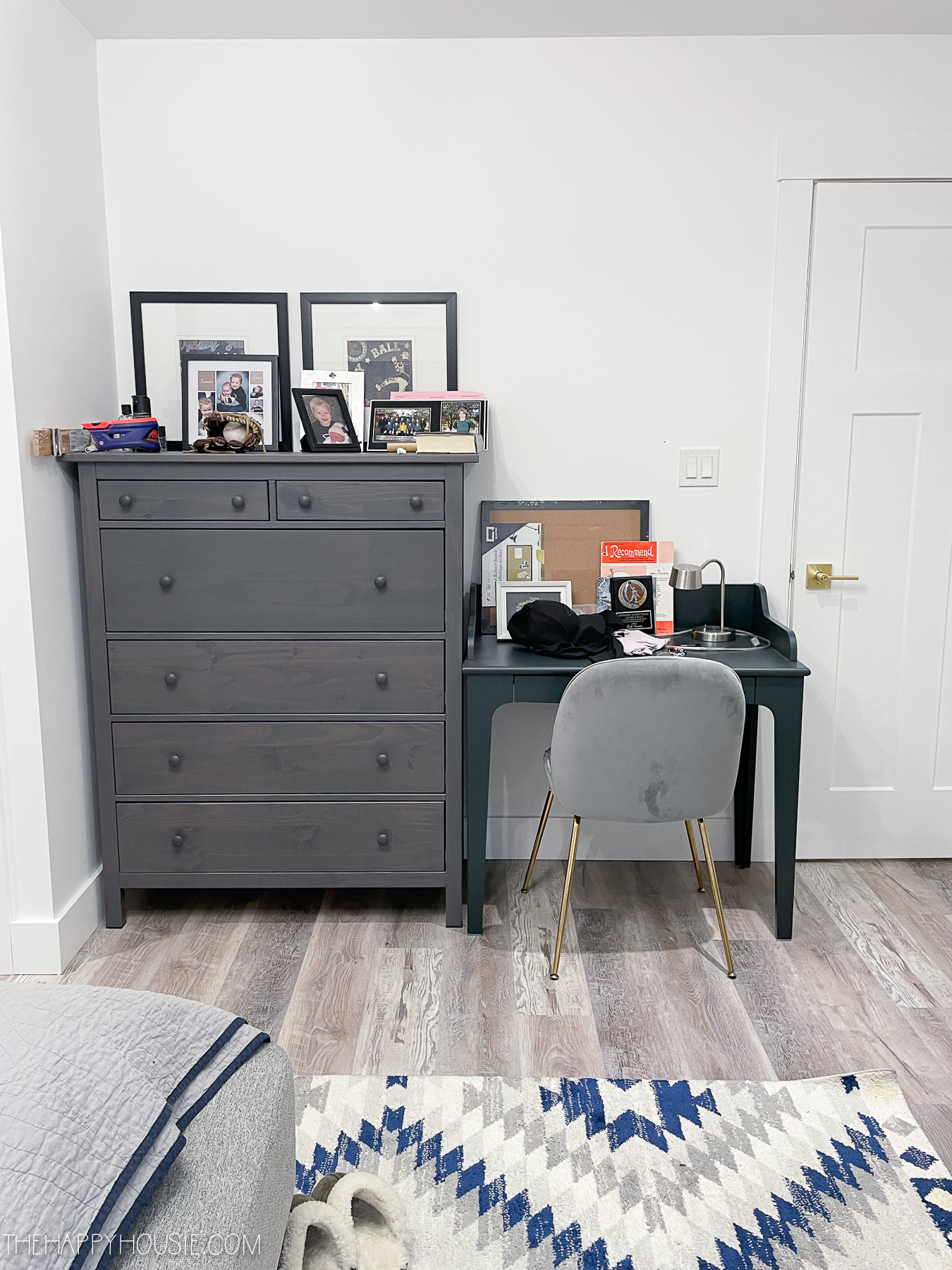 Ikea Hemnes tall dresser in grey and Lommarp desk from Ikea in teen boy bedroom