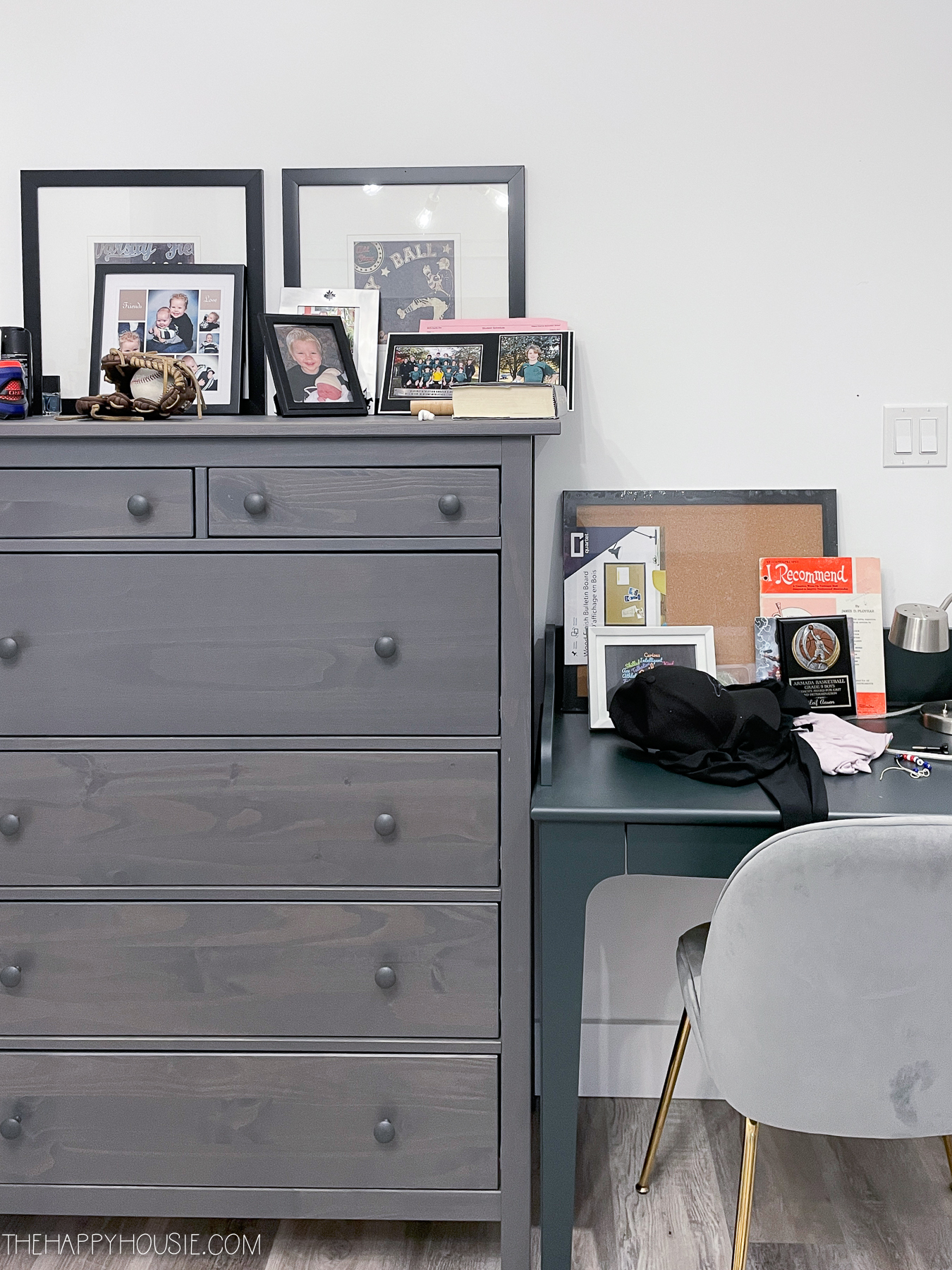 close up of Ikea Hemnes dresser and Ikea Lommarp desk in teen boy bedroom