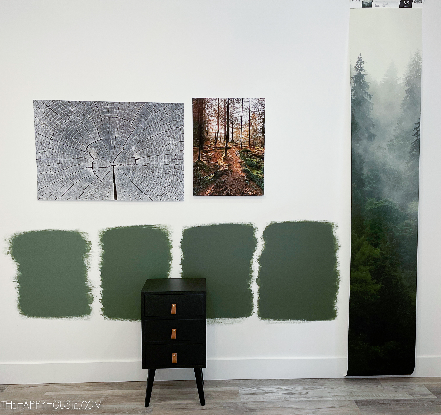 Benjamin Moore Cushing Green, Peale Green, Boreal Forest and Backwoods painted on the wall as samples
