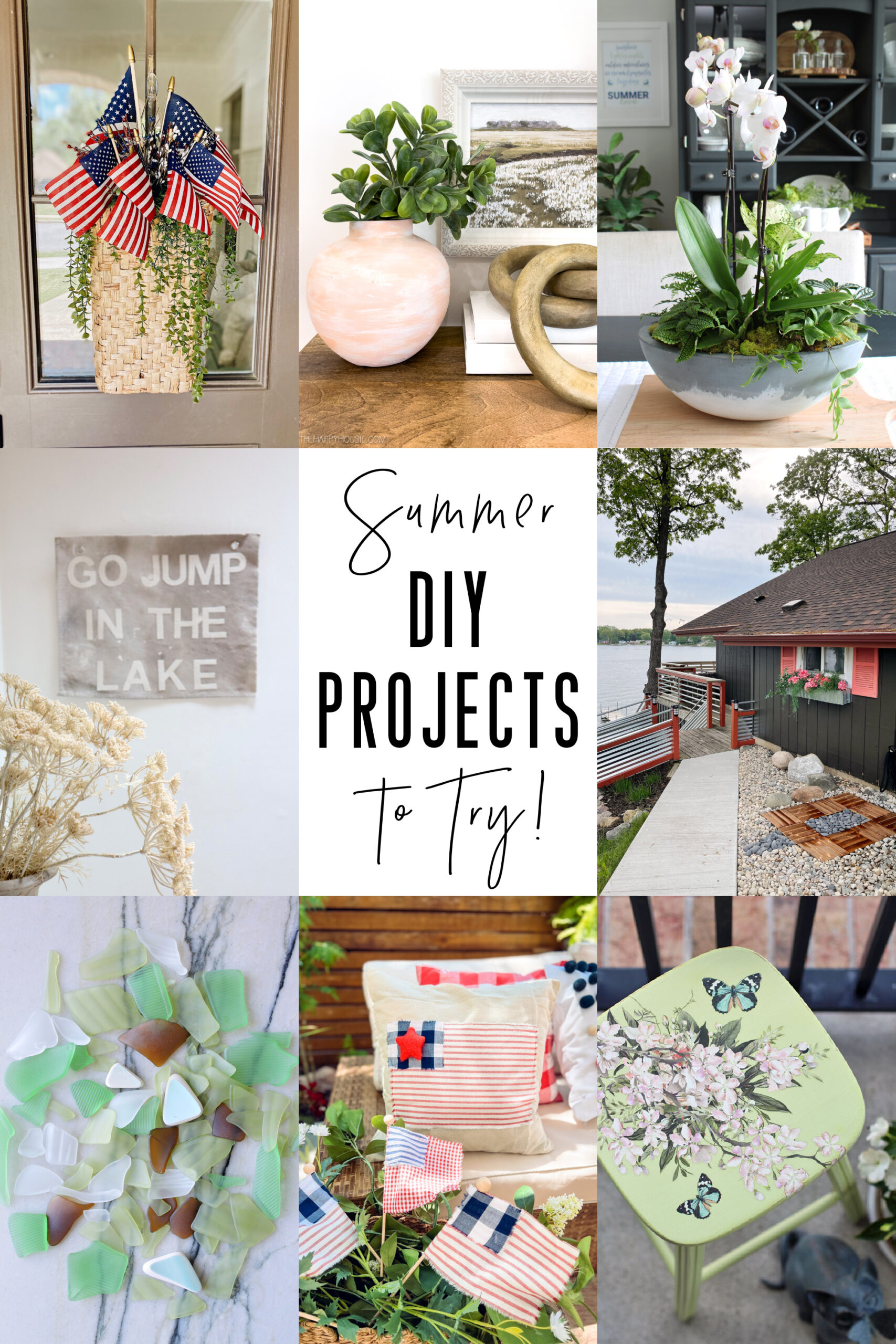a collage image of 8 different summer DIY project ideas
