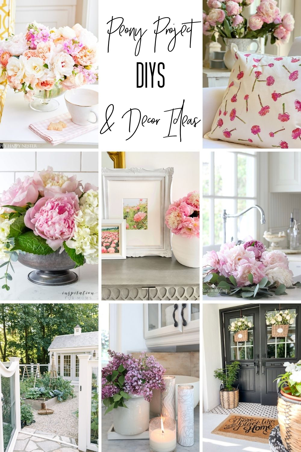 a collage image featuring peony projects and peony decor ideas