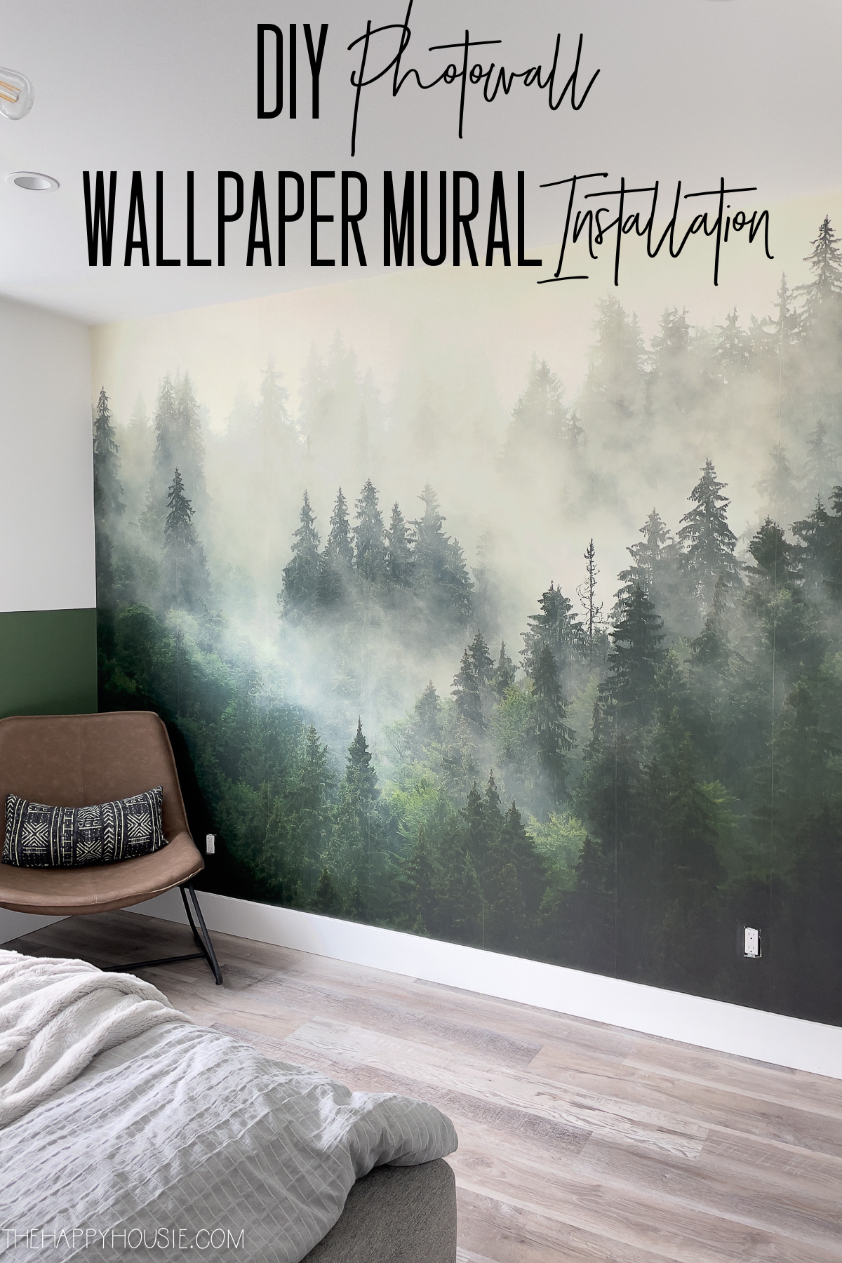 labeled image with DIY Photowall Wallpaper Mural Installation showing mural installed on full wall