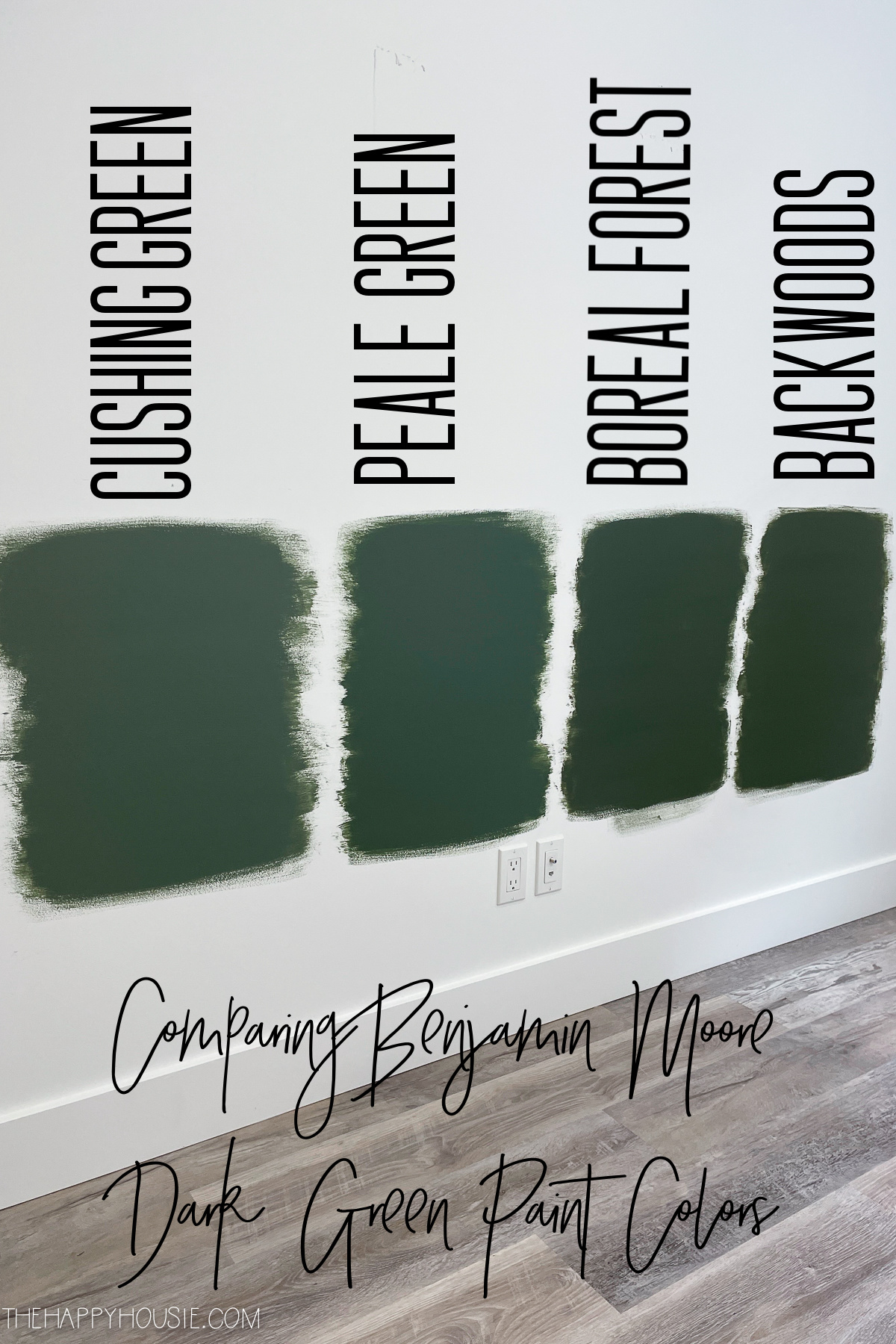 four dark green paint samples painted on the wall in Cushing Green, Peale Green, Boreal Forest, and Backwoods